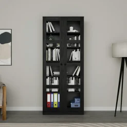 Bibliothèques En Bois|Bibliothèques En Bois|SALTA Bibliothèque vitrine noire, 6 étagères réglables