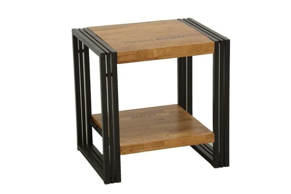 Bouts De Canapé Industriels|Bouts De Canapé En Métal|Docker Bout de canapé / Table d'appoint hévéa recyclé naturel et métal noirci 2 plateaux 35X30X50cm