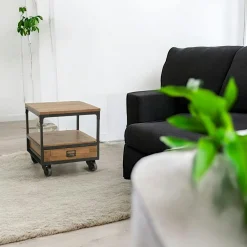 Tables De Chevet Industrielles|Loft / Loft Colors Bout de Canapé / Table de Chevet à roulettes 1 tiroir, double plateaux en Hévéa recyclé naturel et métal 50x50x55cm LOFT