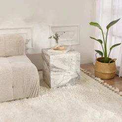 Bouts De Canapé En Bois|MARFA Bout de canapé cube effet marbre blanc - style design