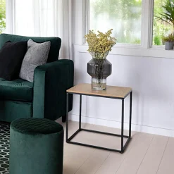 Bouts De Canapé En Métal|Bouts De Canapé En Bois|TALLINN Bout de canapé cube noir - plateau effet chêne clair