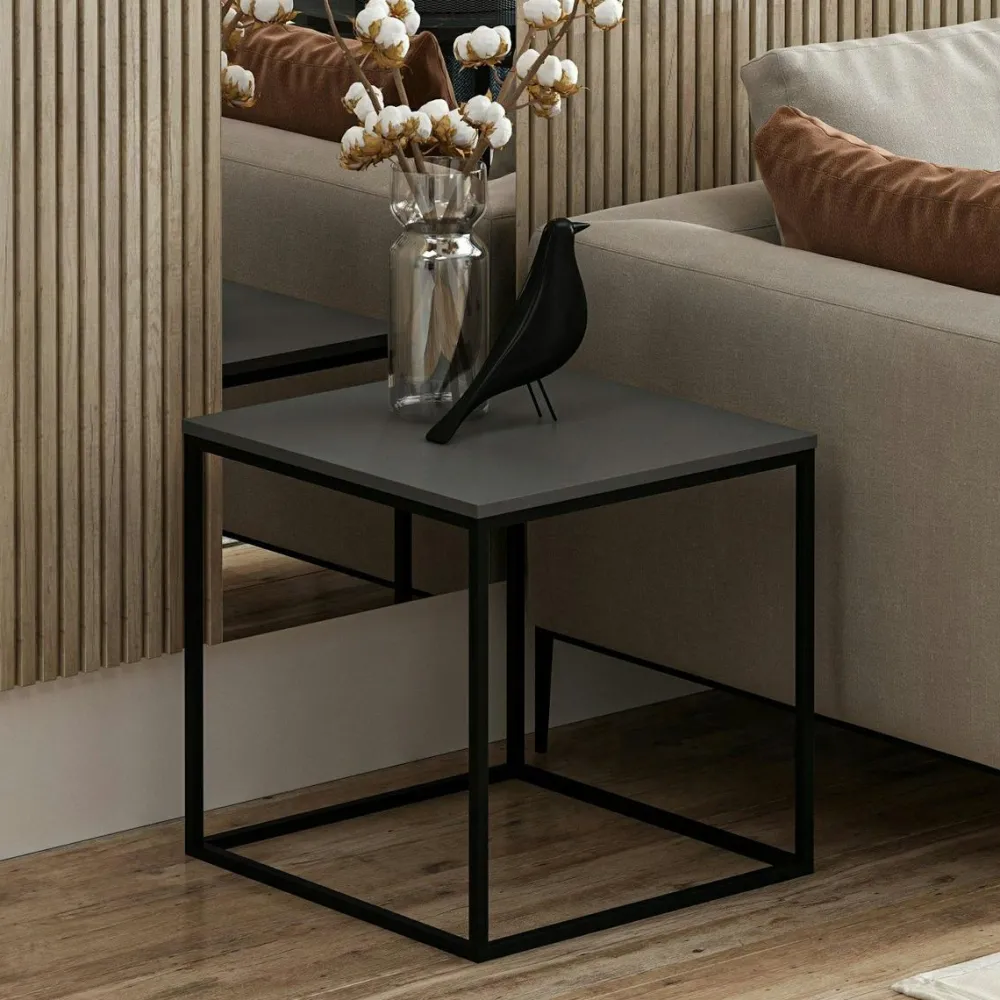 Bouts De Canapé En Métal|Bouts De Canapé En Bois|JENA Bout de canapé cube, plateau gris foncé pieds métal