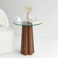 Bouts De Canapé En Bois|ANZIO Bout de canapé en verre et bois brun - base sculptée