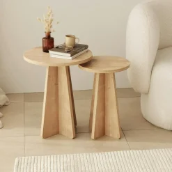 Bouts De Canapé En Bois|Tables Basses Gigognes|MARFA Bout de canapé gigogne rond effet bois clair (lot de 2)