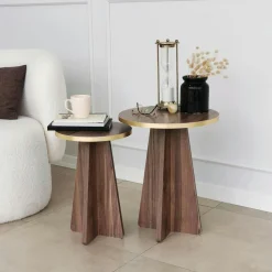 Tables Basses Rondes|Tables Basses Gigognes|MARFA Bout de canapé moderne effet noyer - pieds trapèze, 2 pièces