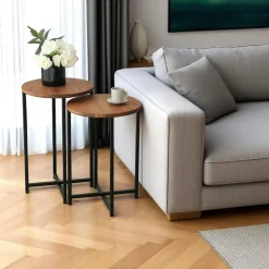 Sellettes En Métal|Tables D'Appoint Rondes|LINARES Bout de canapé rond - bois brun, métal (lot de 2)