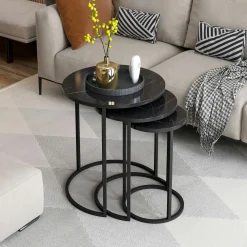 Bouts De Canapé En Métal|Bouts De Canapé En Bois|JENA Bout de canapé rond effet marbre noir (lot de 3)