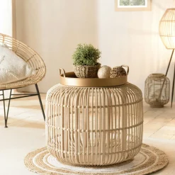 Bouts De Canapé En Bois|Swing Bout de canapé rond en rotin noir plateau bois 41 cm