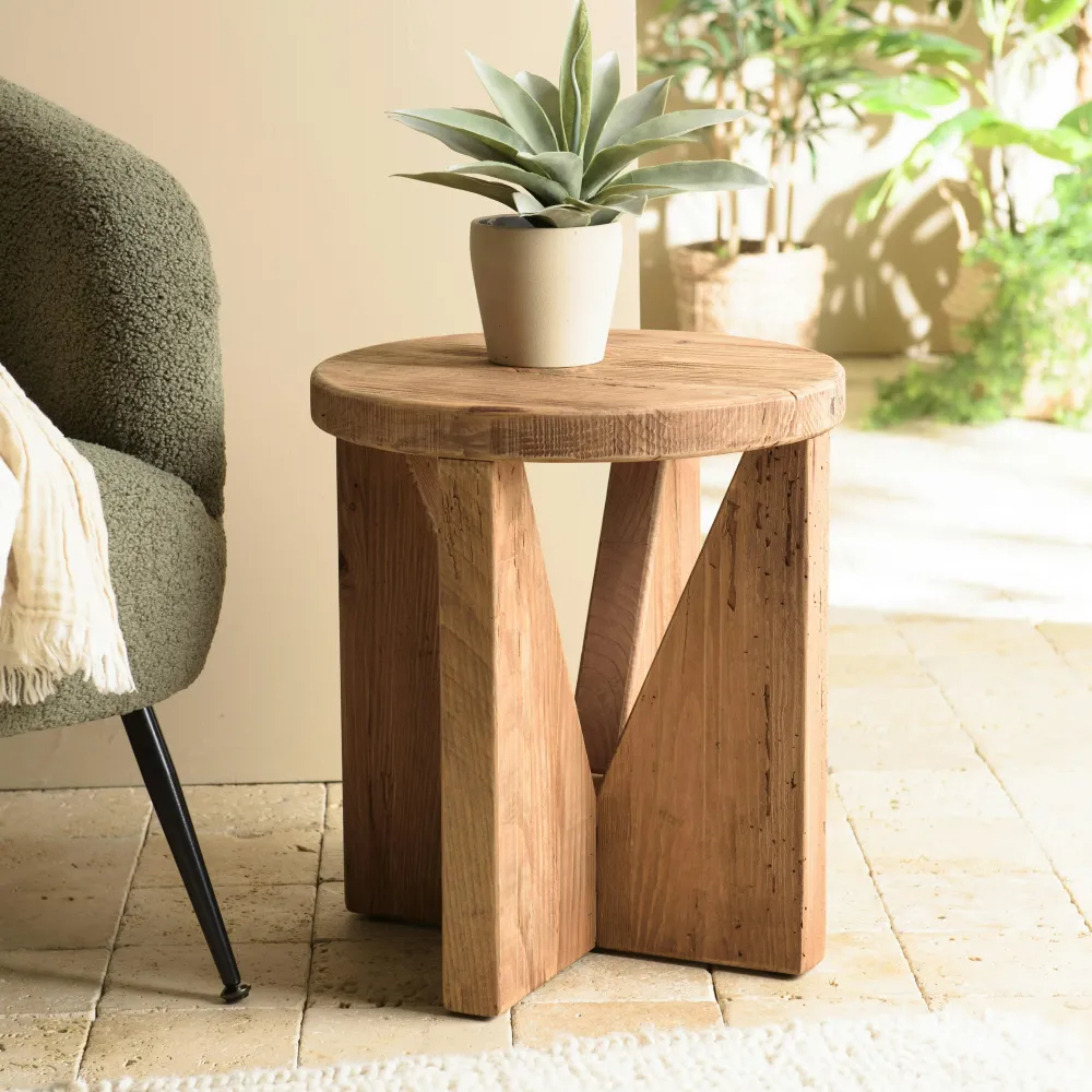 Univers Déco·Maison De Campagne|Bouts De Canapé En Bois|DENVER Bout de canapé rond pin recyclé pieds géométriques