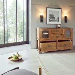 Consoles Avec Tiroirs|Consoles Avec Tiroir|Tradition Buffet / Console Hévéa 2 portes vitrées, 2 tiroirs, 2 casiers amovibles 124x42x82cm