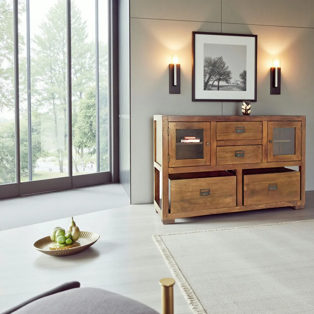 Consoles Avec Tiroirs|Consoles Avec Tiroir|Tradition Buffet / Console Hévéa 2 portes vitrées, 2 tiroirs, 2 casiers amovibles 124x42x82cm