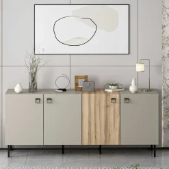 Buffets Contemporains|Buffets Contemporains|JENA Buffet 4 portes effet bois et gris, poignées carrées