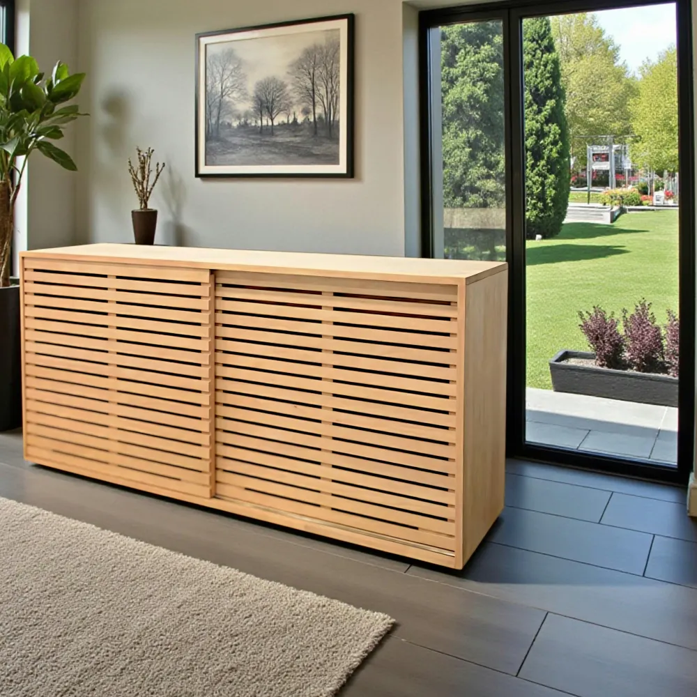 Buffets Bas|Buffet Bas|New Orléans Buffet bas Hévéa 2 portes coulissantes Persiennes, 2 tiroirs intérieurs 160x45x80cm NEW ORLEANS