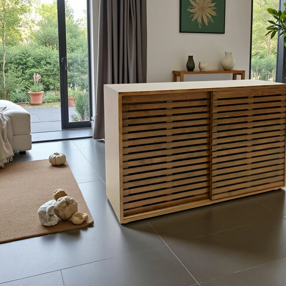 Buffets Bas|Buffet Bas|New Orléans Buffet bas Hévéa 2 portes coulissantes Persiennes, 2 tiroirs intérieurs 120x45x80cm NEW ORLEANS