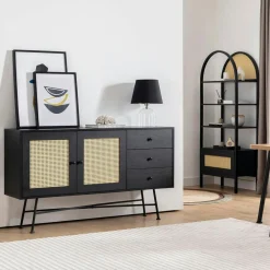 Buffets Contemporains|Buffets Contemporains|VAREN Buffet bohème effet bois, 2 portes en cannage