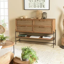 Buffets En Bois|Buffets En Bois|Swing Buffet de rangement 2 portes en teck et fibre de coco