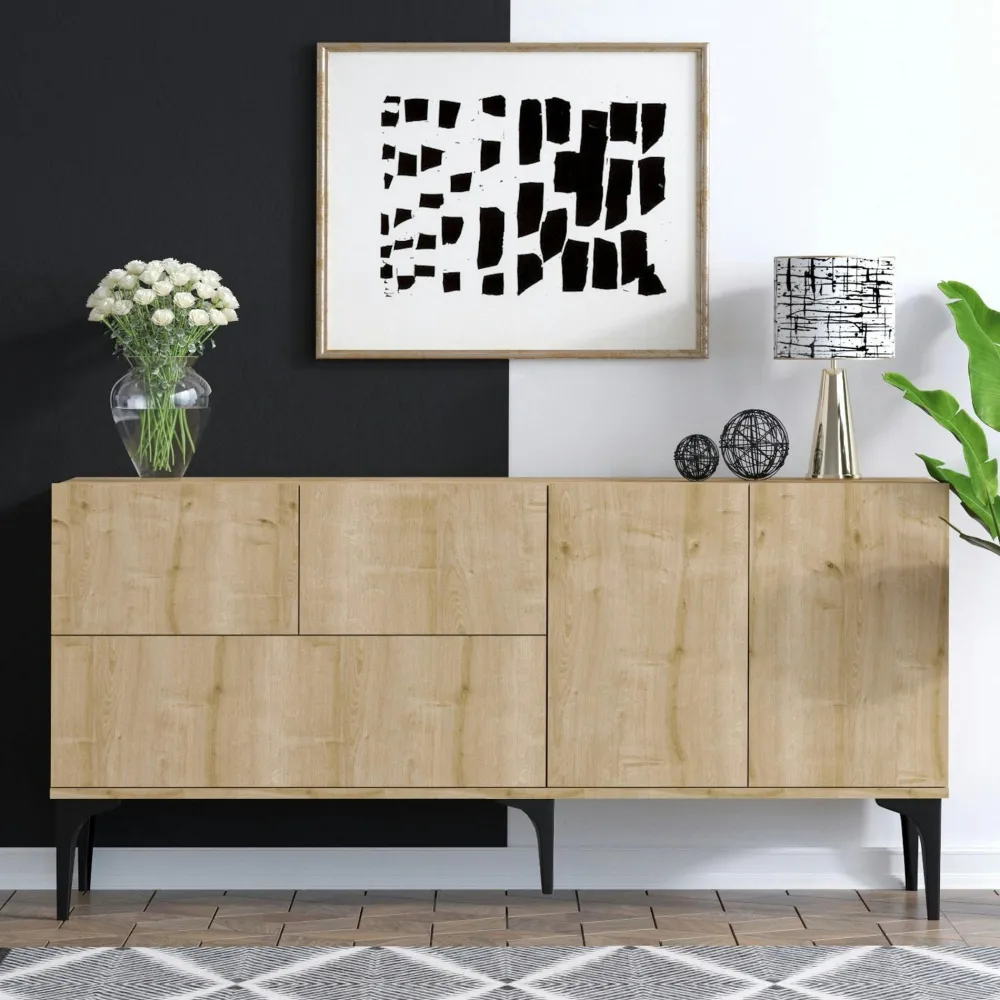 Buffets Contemporains|Buffets Contemporains|JENA Buffet de salle à manger effet bois clair 5 portes