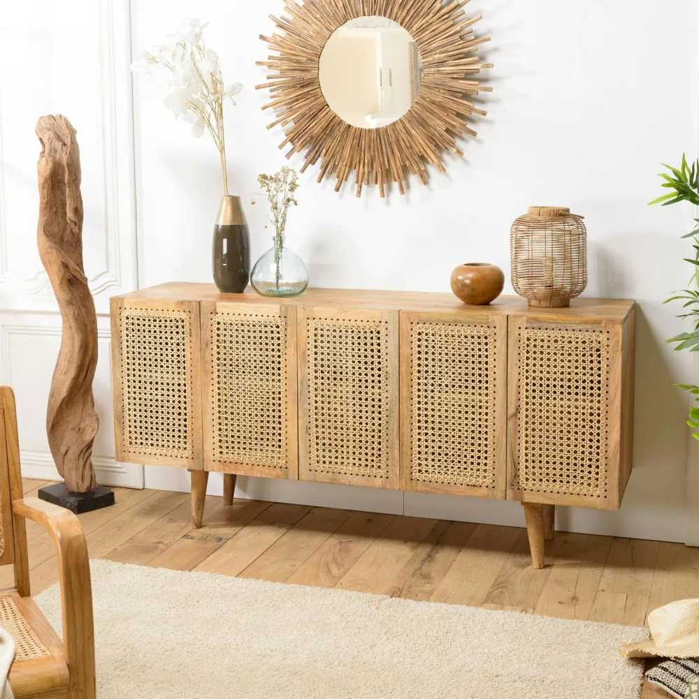 Buffets En Bois|Buffets En Bois|MALAGA Buffet en cannage et bois de manguier 5 portes