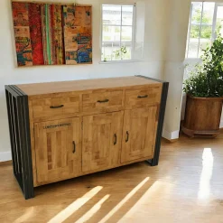 Buffets Industriels|Buffets Industriels|Docker Buffet enfilade hévéa recyclé naturel et métal noirci 4 portes 2 tiroirs 180X45X90cm