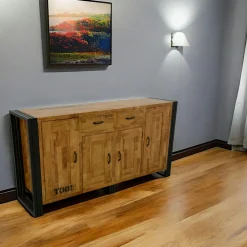 Buffets Industriels|Buffets Industriels|Docker Buffet enfilade hévéa recyclé naturel et métal noirci 3 tiroirs 3 portes 150X45X90cm