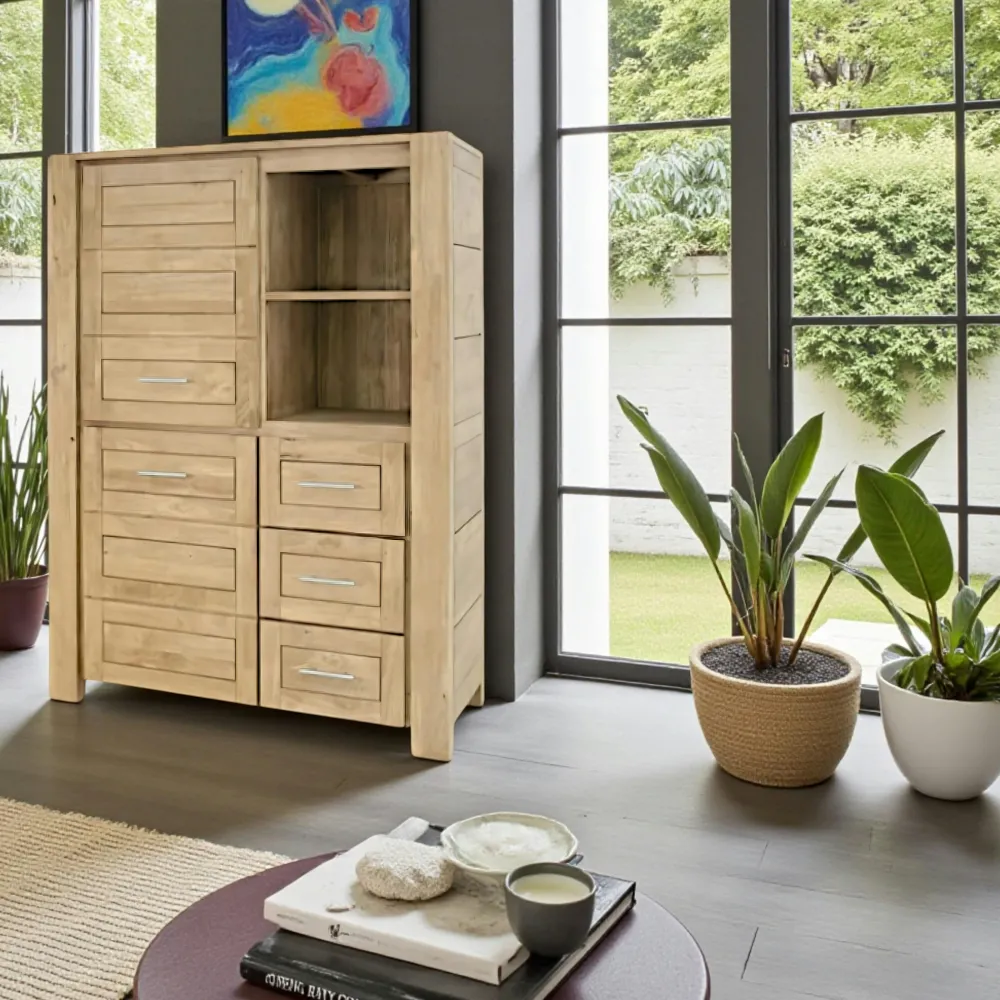 Buffets Contemporains|Buffets Contemporains|Attan Buffet haut / Bibliothèque Hévéa 2 portes, 3 tiroirs, 2 niches 120x45x162cm