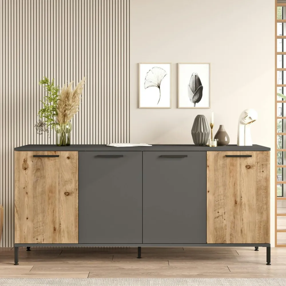 Buffets Contemporains|Buffets Contemporains|JENA Buffet moderne 4 portes effet bois et anthracite