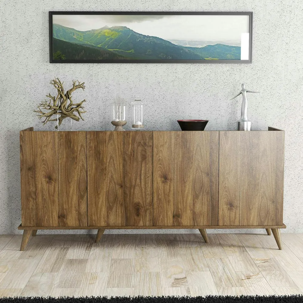 Buffets Contemporains|Buffets Contemporains|UMEA Buffet moderne 4 portes effet noyer et marbre noir