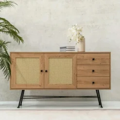 Buffets Contemporains|Buffets Contemporains|VAREN Buffet noir bohème avec cannage, 2 portes 3 tiroirs