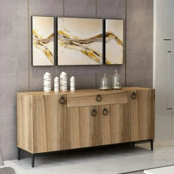 Buffets Contemporains|Buffets Contemporains|JENA Buffet rustique 4 portes effet bois, poignées anneaux