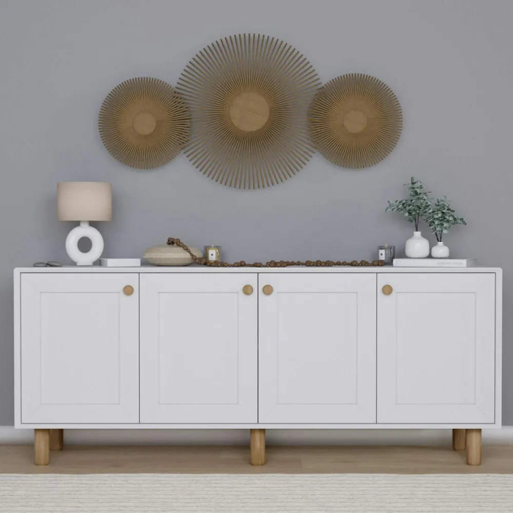 Buffets Contemporains|Buffets Contemporains|VAREN Buffet salle à manger blanc avec plateau effet noyer