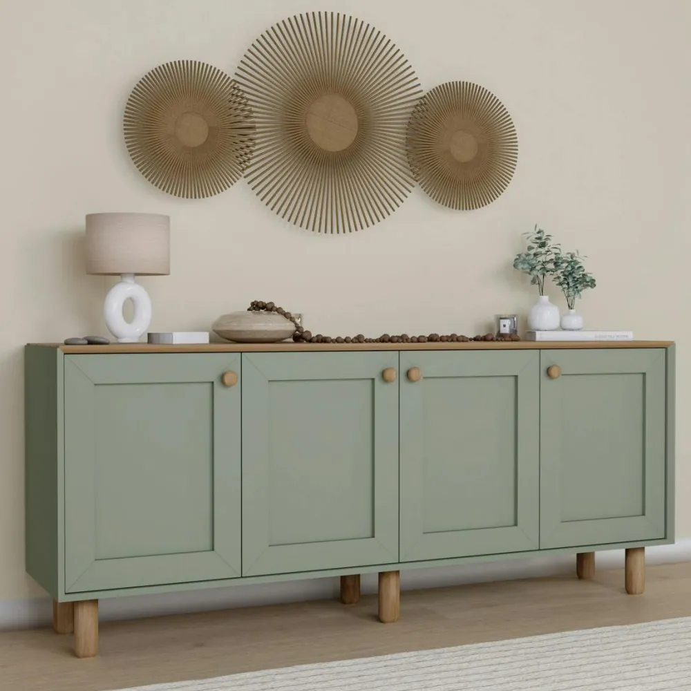 Buffets Contemporains|Buffets Contemporains|VAREN Buffet salle à manger vert sauge, plateau effet bois