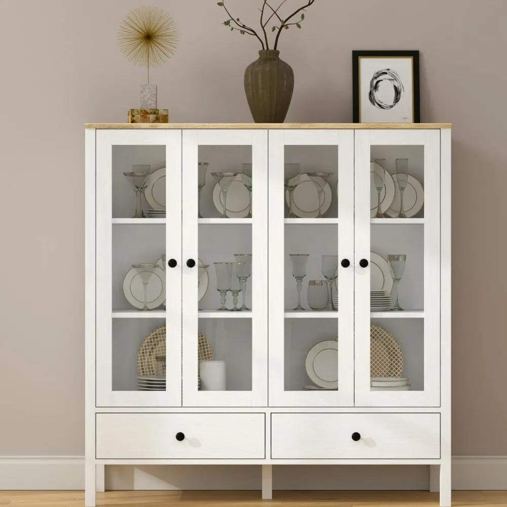 Vaisseliers Contemporains|Vaisseliers Contemporains|SALTA Buffet vaisselier blanc, 4 portes vitrées 2 tiroirs
