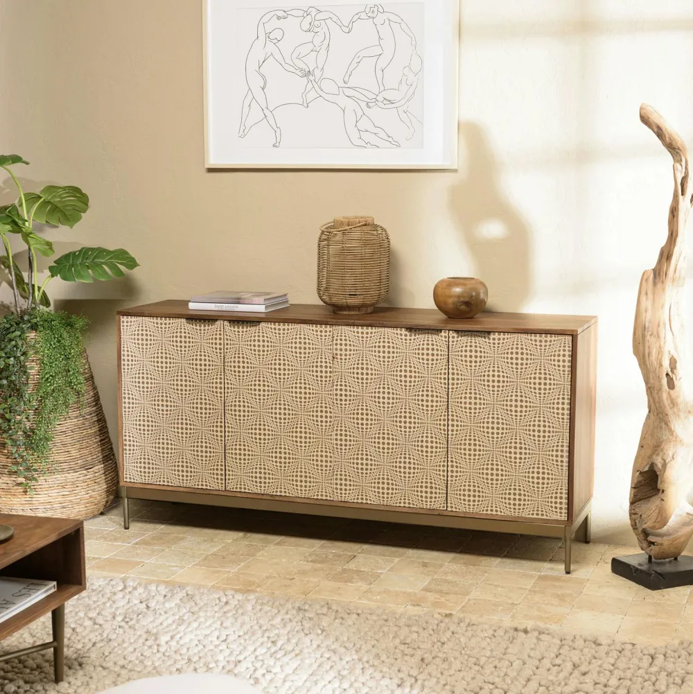 Buffets En Bois|Buffets En Bois|KANHA Buffet vintage manguier 4 portes motifs losanges pieds métal doré