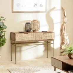 Buffets En Bois|Buffets En Bois|KANHA Buffet vintage manguier 4 portes motifs losanges pieds métal doré