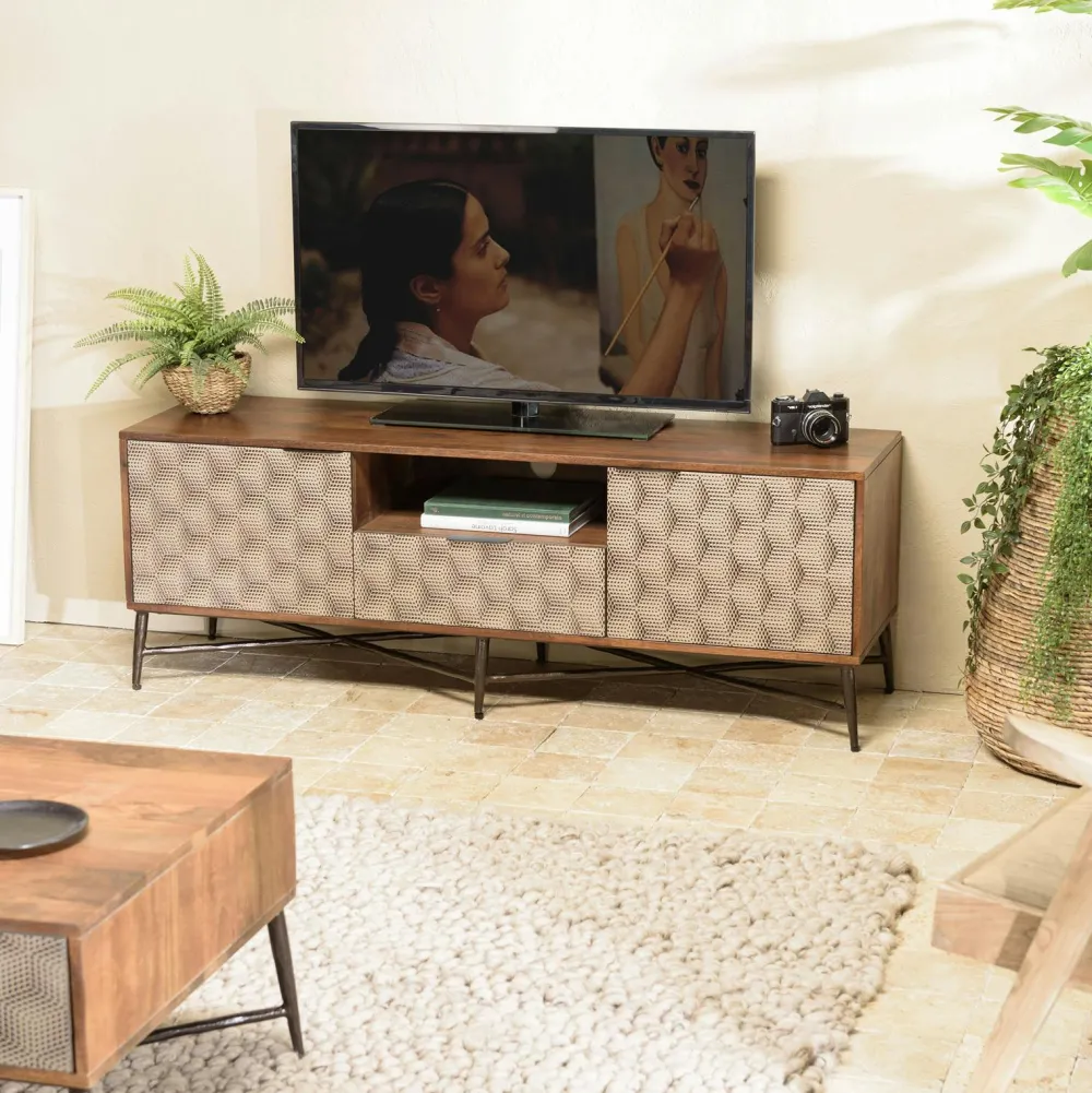 Buffets En Bois|Buffets En Bois|KANHA Buffet vintage manguier 4 portes motifs losanges pieds métal doré