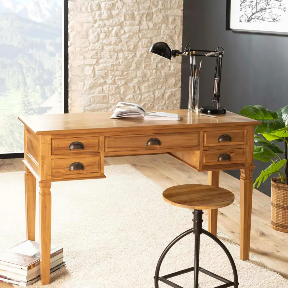 Bureaux En Bois|Bisho Bureau colonial 5 tiroirs Teck Miel 120cm