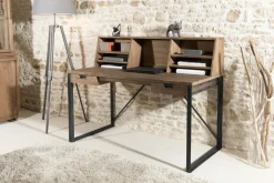 Bureaux En Bois|Swing Bureau en Teck recyclé et métal noir 2 tiroirs et partie supérieure avec 7 niches 140x70x113cm