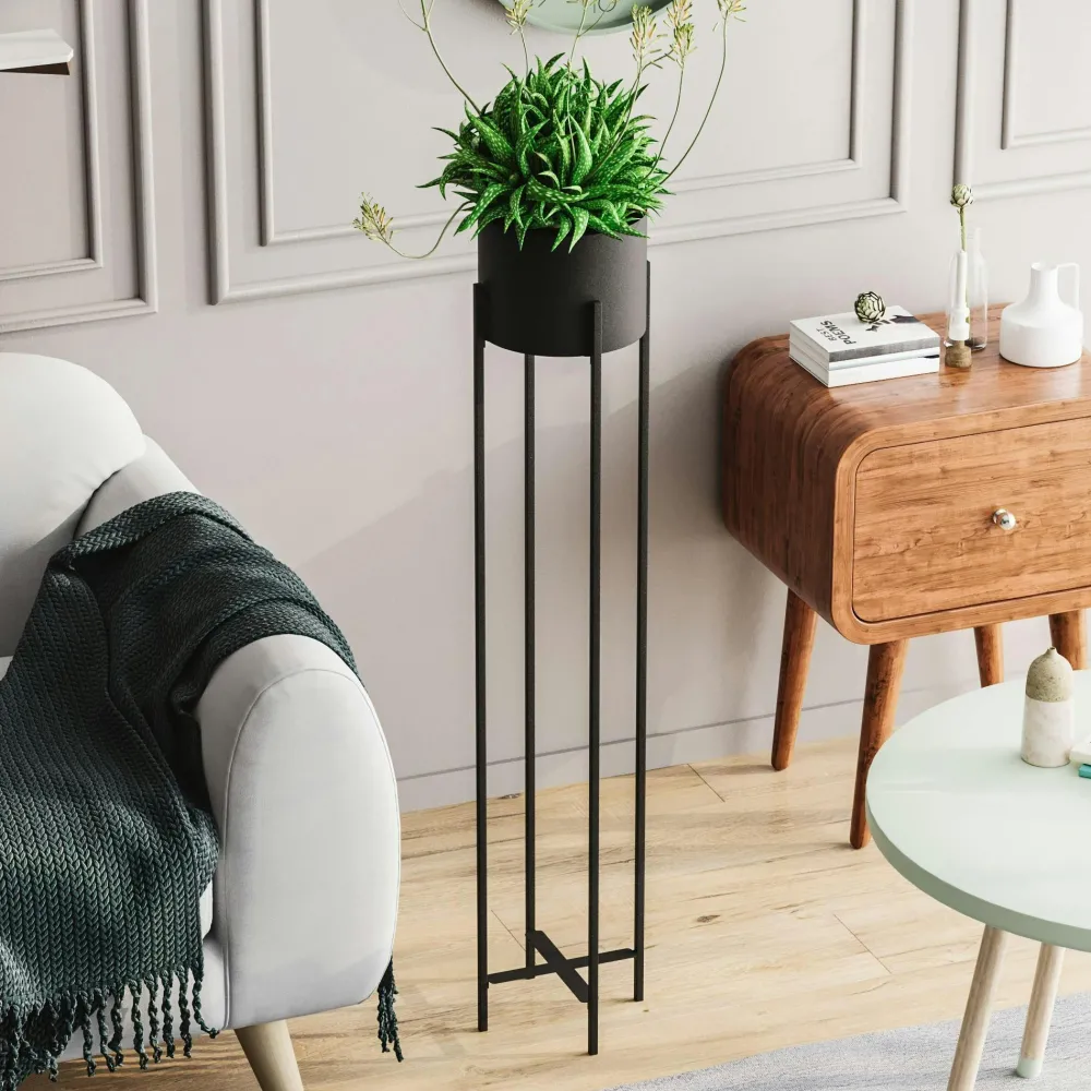 Caches-Pots| Cache-pot sur pied en métal noir – style moderne