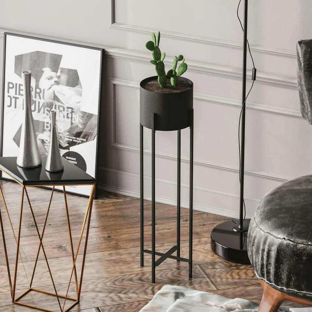 Caches-Pots| Cache-pot sur pied en métal noir – style moderne