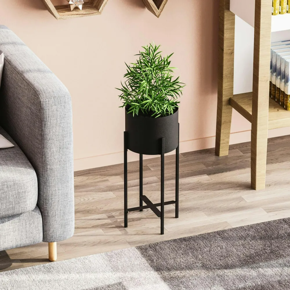 Caches-Pots| Cache-pot sur pied en métal noir – style moderne, 108 cm