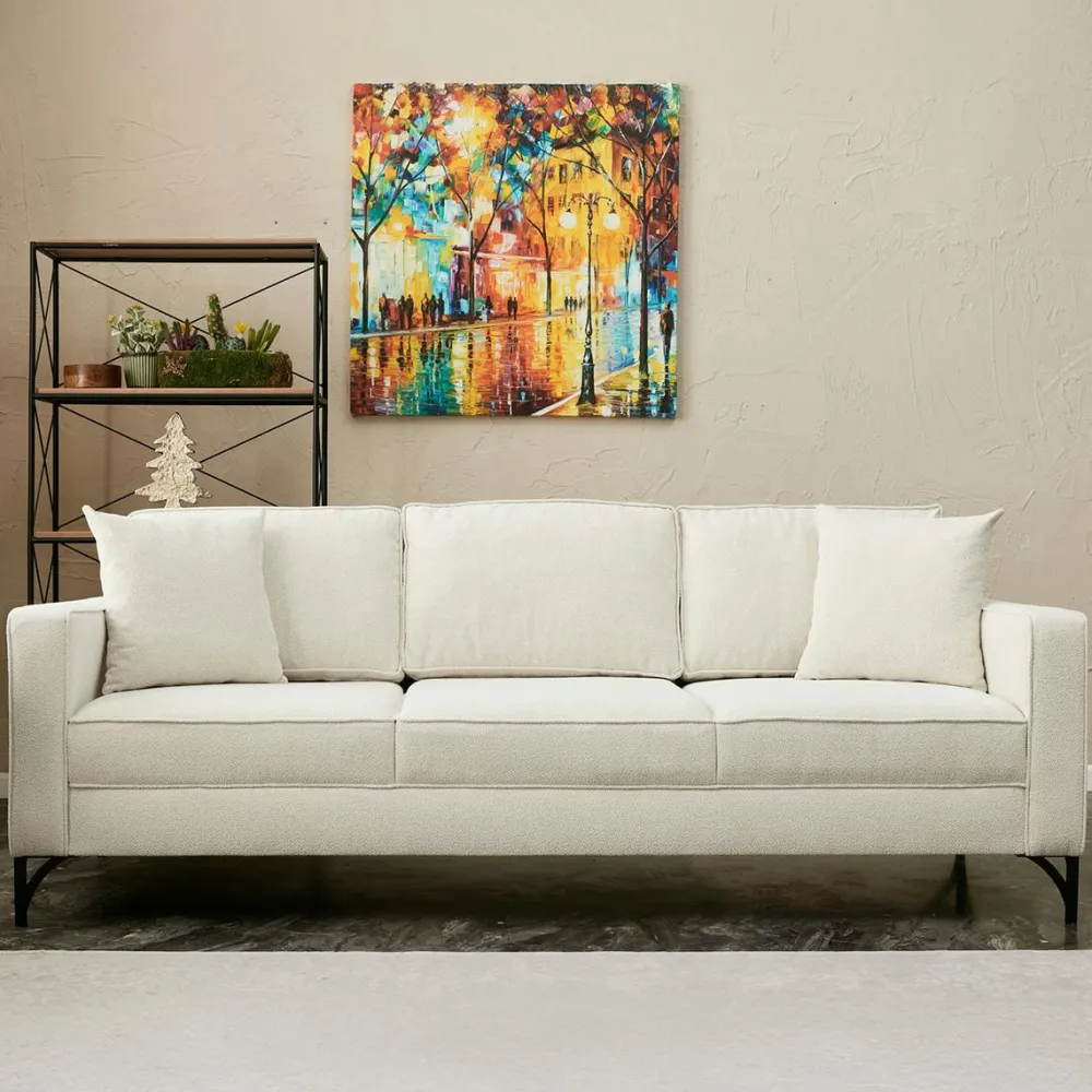 Canapés En Tissu|BERLIN Canapé 3 places blanc crème pieds noirs 220 cm