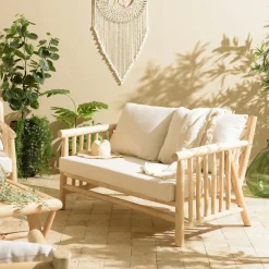 Canapés 2 Places|Canapés En Tissu|MANAK Canapé 2 places exotique teck ajouré et coussins blancs