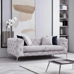 Canapés En Tissu|DOVER Canapé 2 places gris clair en velours capitonné