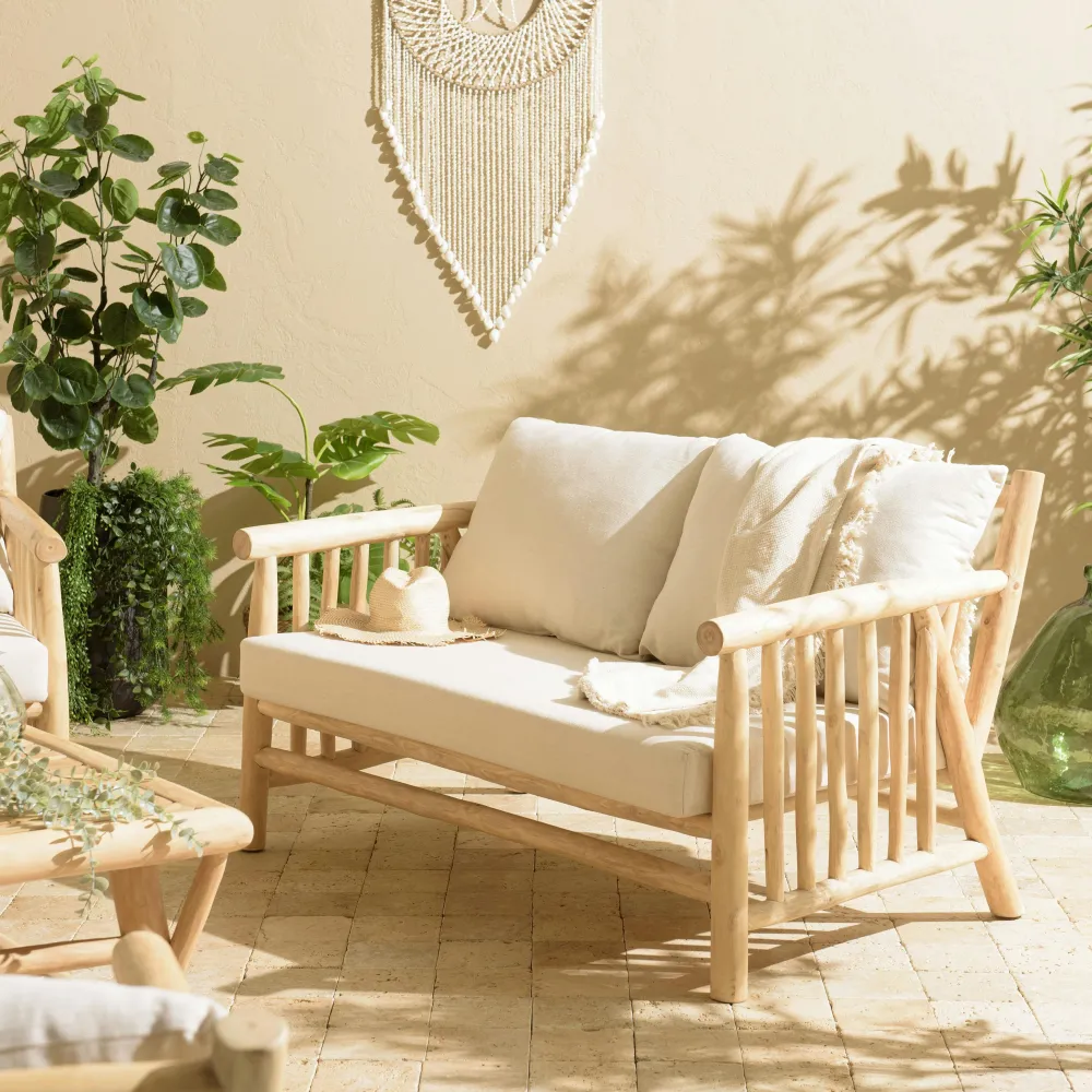 Canapés 2 Places|Canapés En Tissu|MANAK Canapé 2 places rondins de teck naturel et coussins blancs