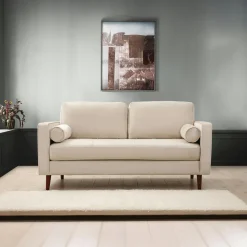 Canapés En Tissu|CHIBA Canapé 3 places velours beige crème, coussins polochons