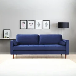 Canapés En Tissu|CHIBA Canapé 3 places velours bleu avec coussins polochons