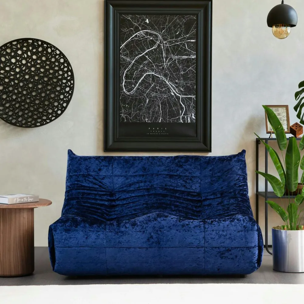 Canapés En Tissu|ARVEN Canapé 2 places velours bleu nuit plissé 145 cm