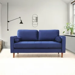 Canapés En Tissu|CHIBA Canapé 2 places velours bleu avec coussins polochons