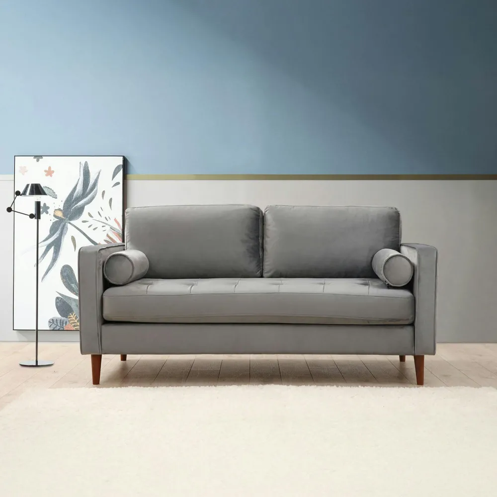 Canapés En Tissu|CHIBA Canapé 2 places velours gris clair avec coussins polochons