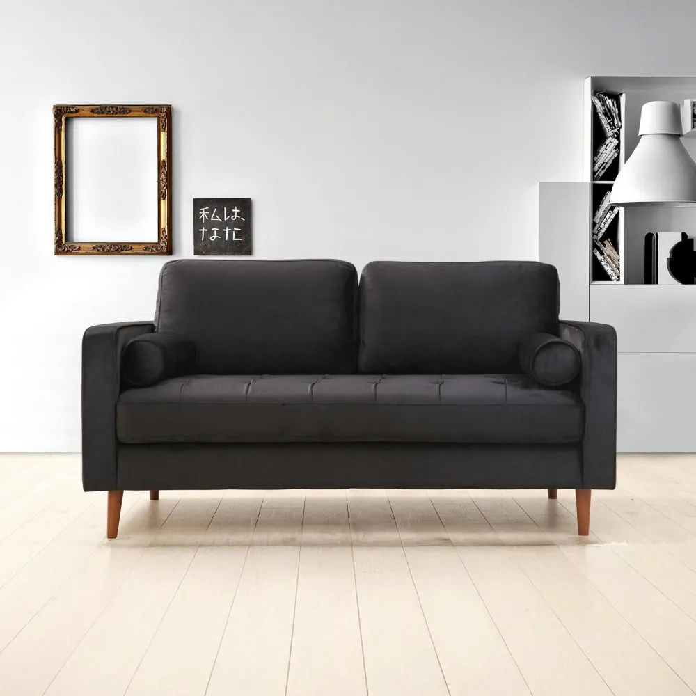 Canapés En Tissu|CHIBA Canapé 2 places velours noir avec coussins polochons